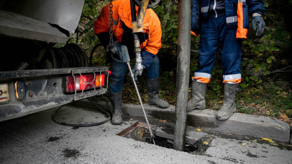 Hydro jetting cost: plumbers feeding a high-pressure jetting hose into a sewer access point