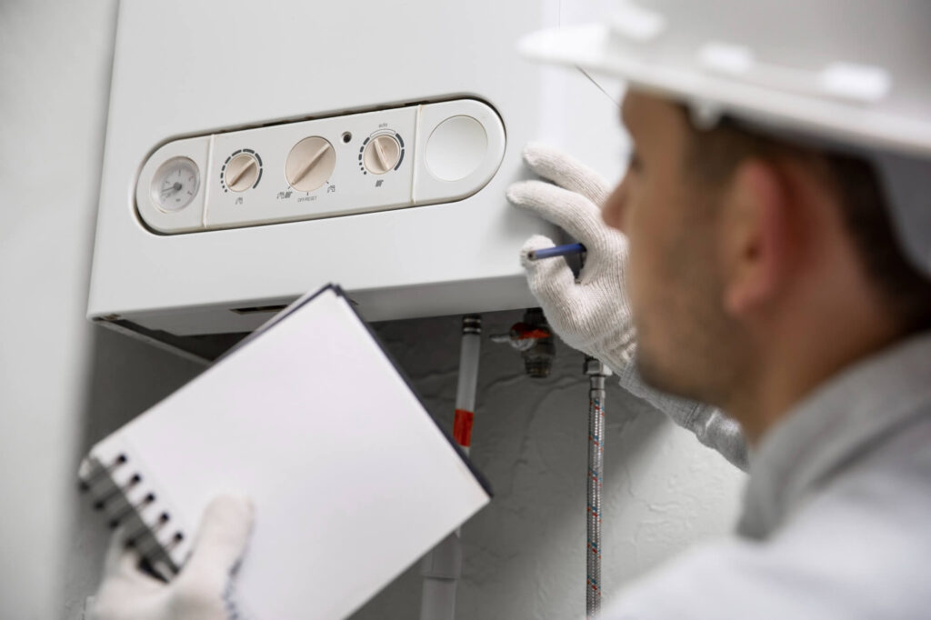 A professional plumber inspecting a water heater