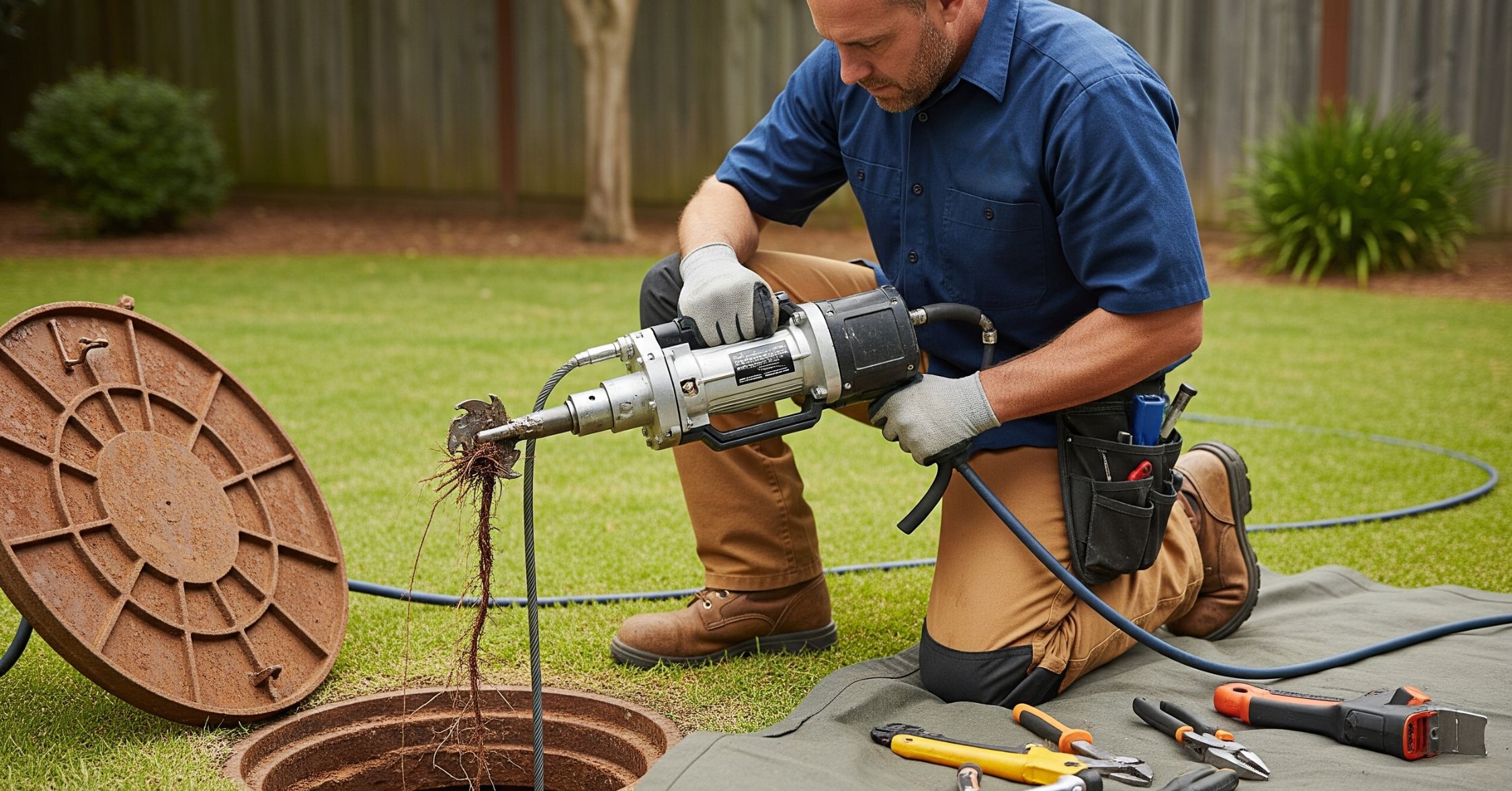 Landscaper trimming tree roots growing near a sewer line to prevent tree roots in sewer line damage.