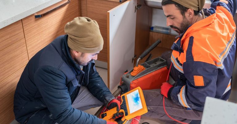 Plumbers running a drain camera to find out why multiple drains are backing up at once