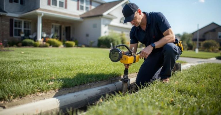 Plumber working at a sewer cleanout in the front yard of a home