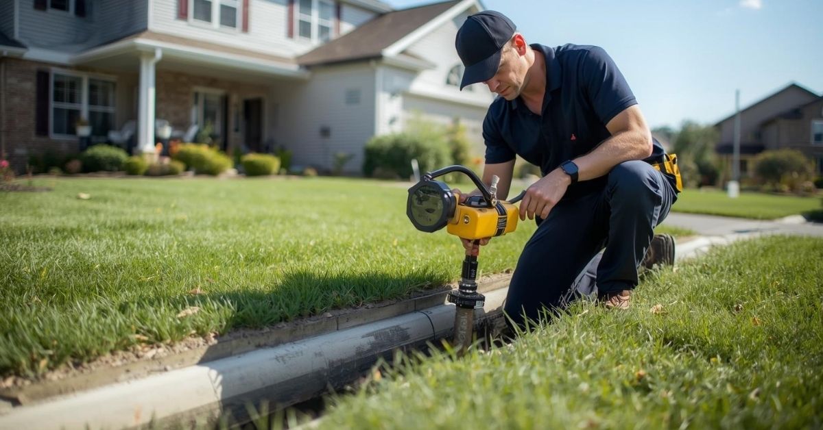 Plumber working at a sewer cleanout in the front yard of a home