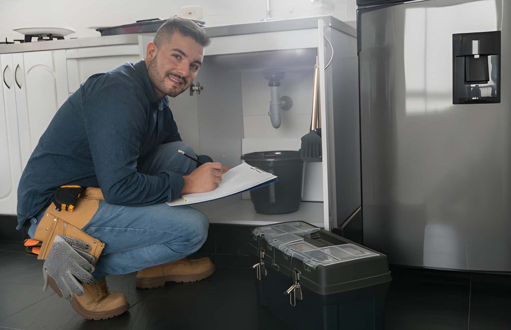 Licensed plumber writing up a plumber cost in Los Angeles estimate for a homeowner