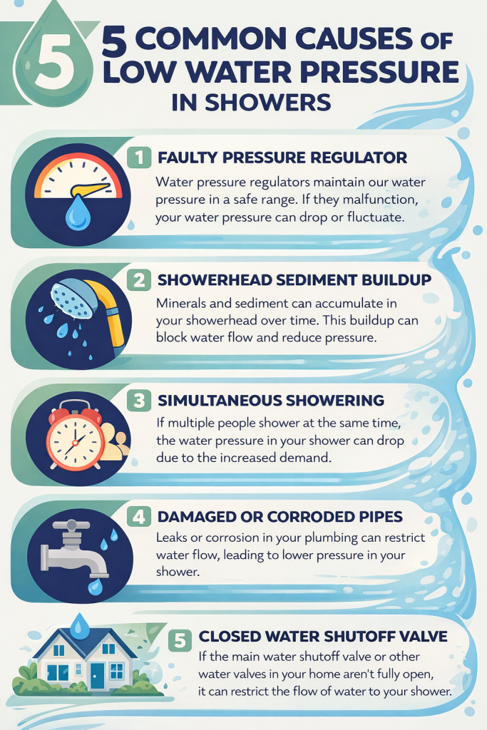 Infographic showing 5 common causes of low water pressure in showers including faulty pressure regulator, showerhead sediment buildup, simultaneous showering, corroded pipes, and closed shutoff valve