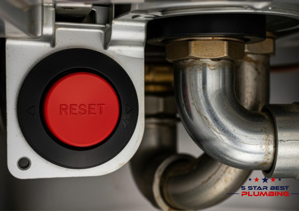 Hand pressing red reset button on bottom of garbage disposal to restore power after motor overheats