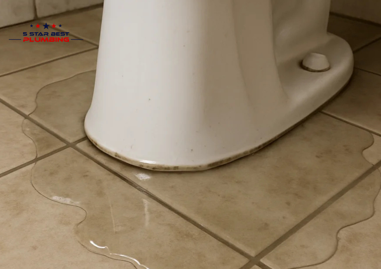 Identifying a leaky toilet base: water seeping onto bathroom floor tiles from under the toilet, which can lead to subfloor rot and mold if not repaired promptly.