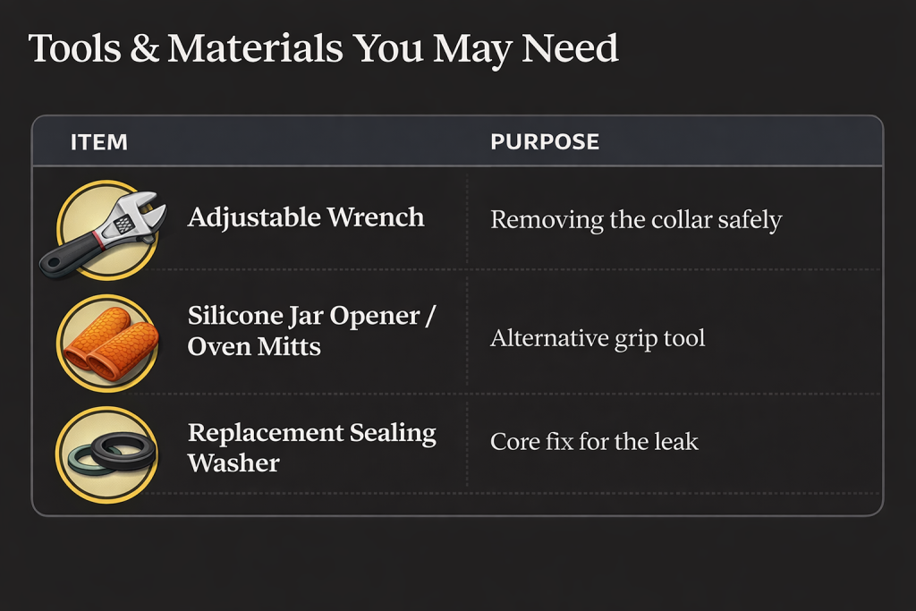DIY plumbing tools and materials list for fixing a leaky shower head. Recommended items include an adjustable wrench, silicone grip tools like jar openers, and replacement rubber sealing washers to stop leaks.