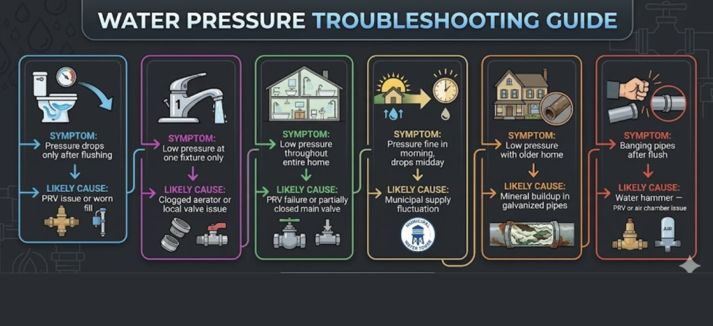 Water pressure troubleshooting guide infographic showing common symptoms like low pressure after flushing, clogged aerators, PRV failure, municipal supply fluctuations, and mineral buildup in old pipes with likely causes and plumbing icons.