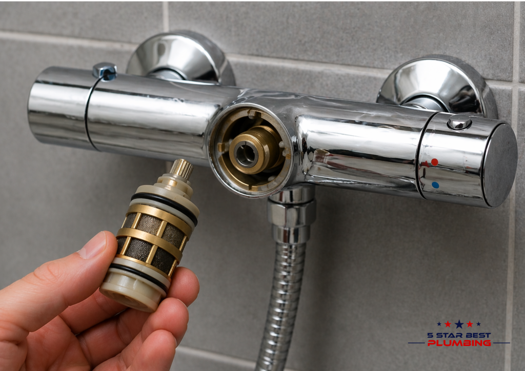A close-up of a person holding a brass thermostatic shower cartridge next to an exposed chrome shower mixer valve on a grey tiled wall.