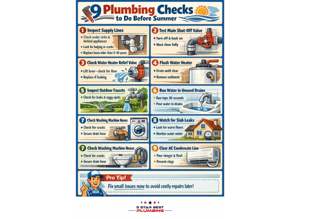 Infographic of 9 essential plumbing checks before summer to prevent leaks, water damage, and costly repairs.