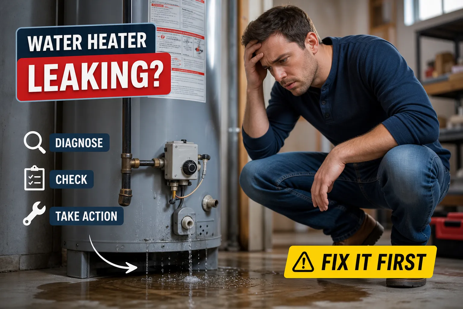 Water heater leaking from the bottom with water pooling around the base of the tank